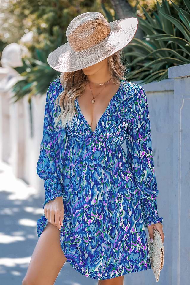 blue abstract mini dress Blue Abstract Body Print Long sleeves Mini Dress