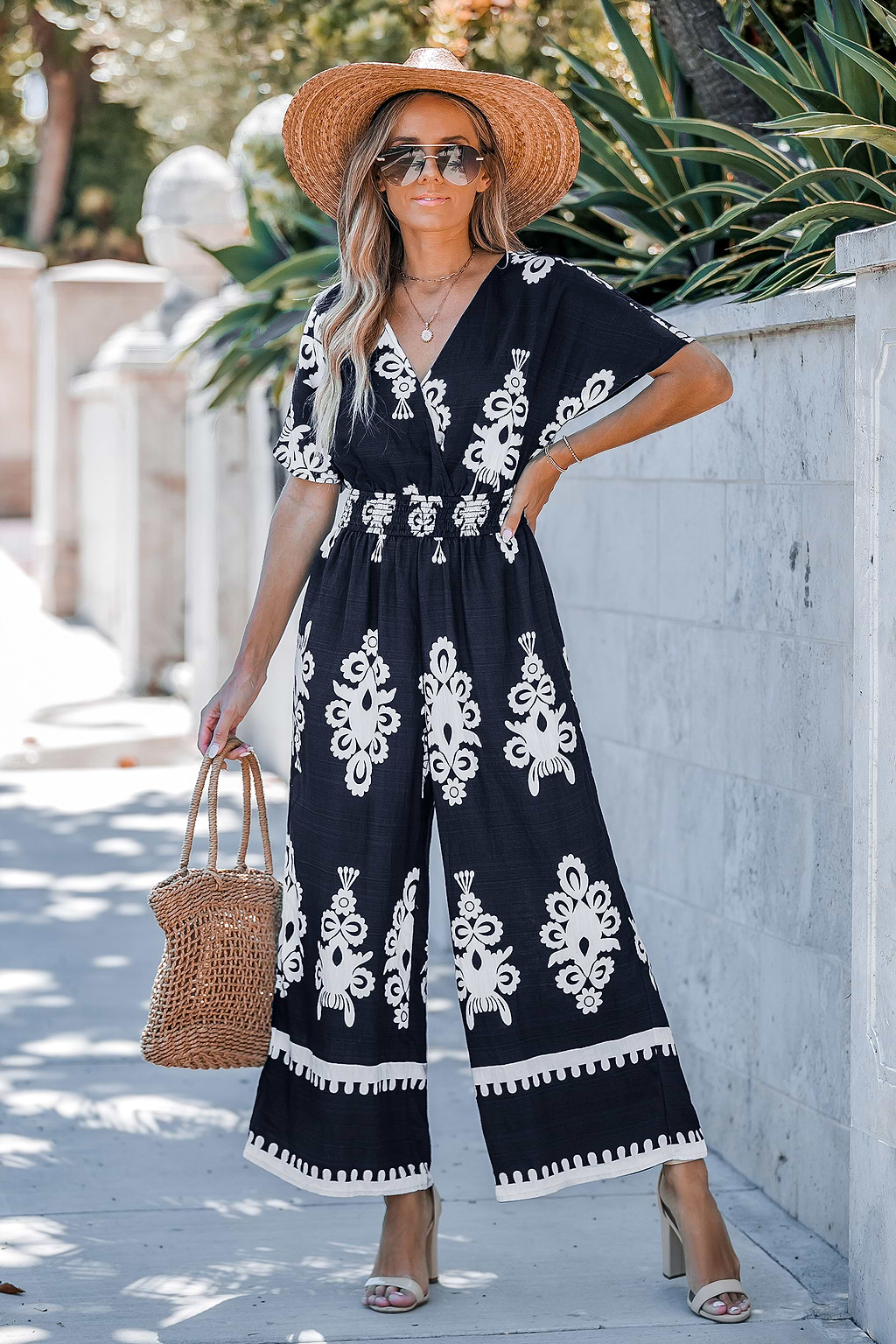 Navy Smocked Waist Wide Leg Jumpsuit