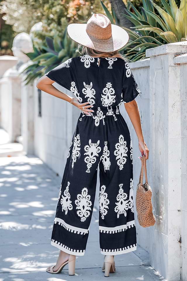 Navy Smocked Waist Wide Leg Jumpsuit