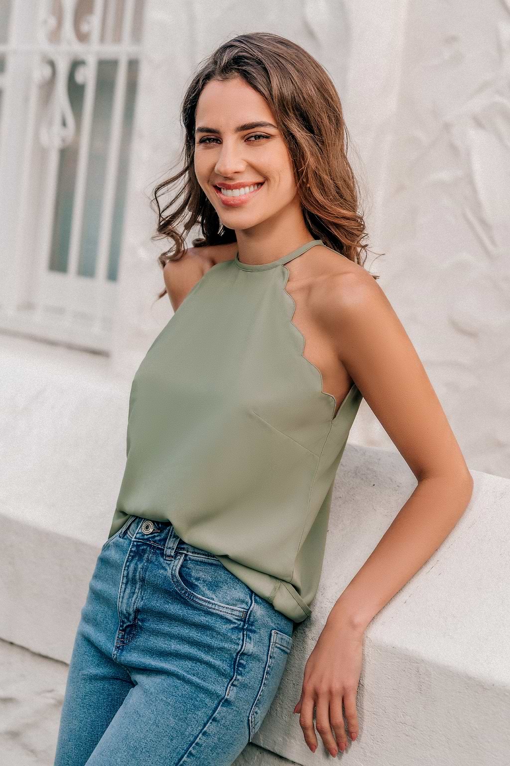 Sage High Neck Scalloped Tank