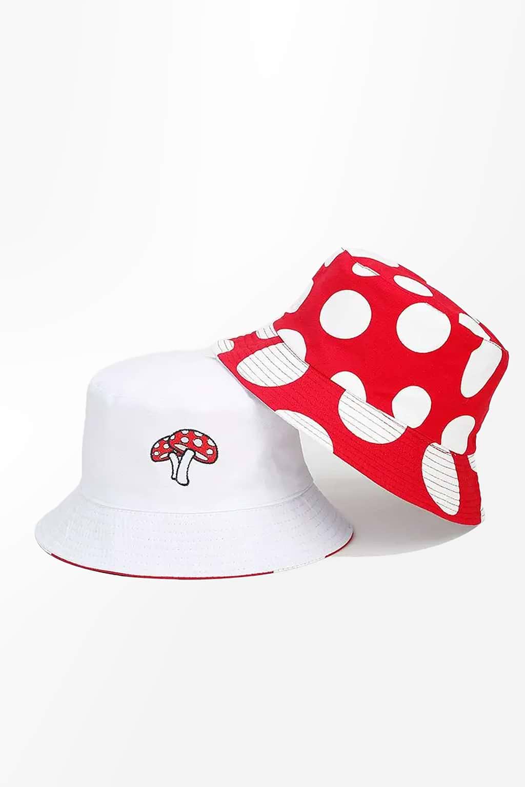 Cappello da pescatore reversibile a forma di fungo rosso e bianco