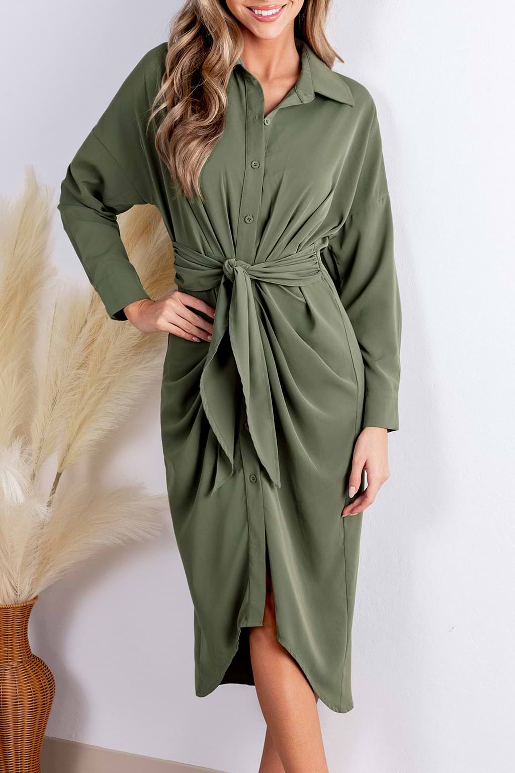 Sage Collared Front Button Midi Shirt Dress