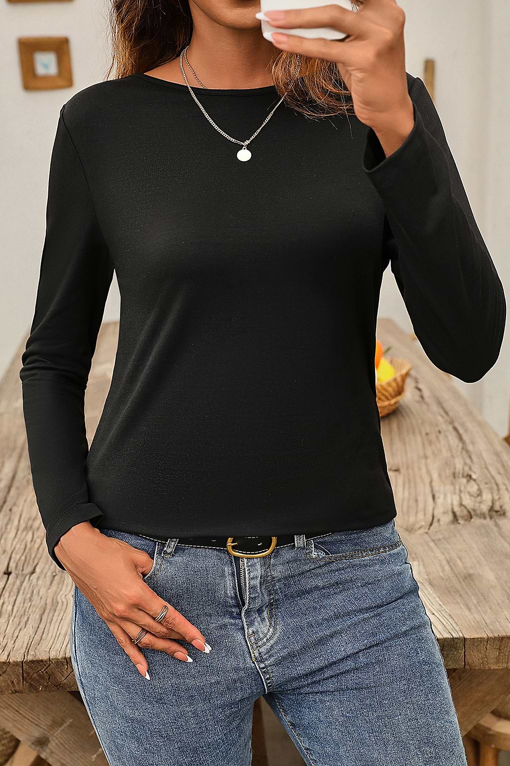 Black Lace & Jersey Long Sleeve Top