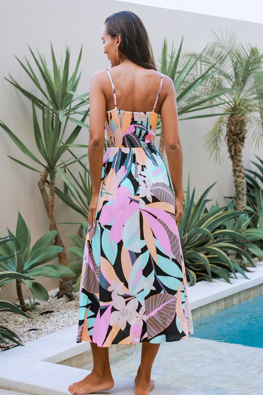 Pink Tropical Plunging Twist & Keyhole Midi Dress
