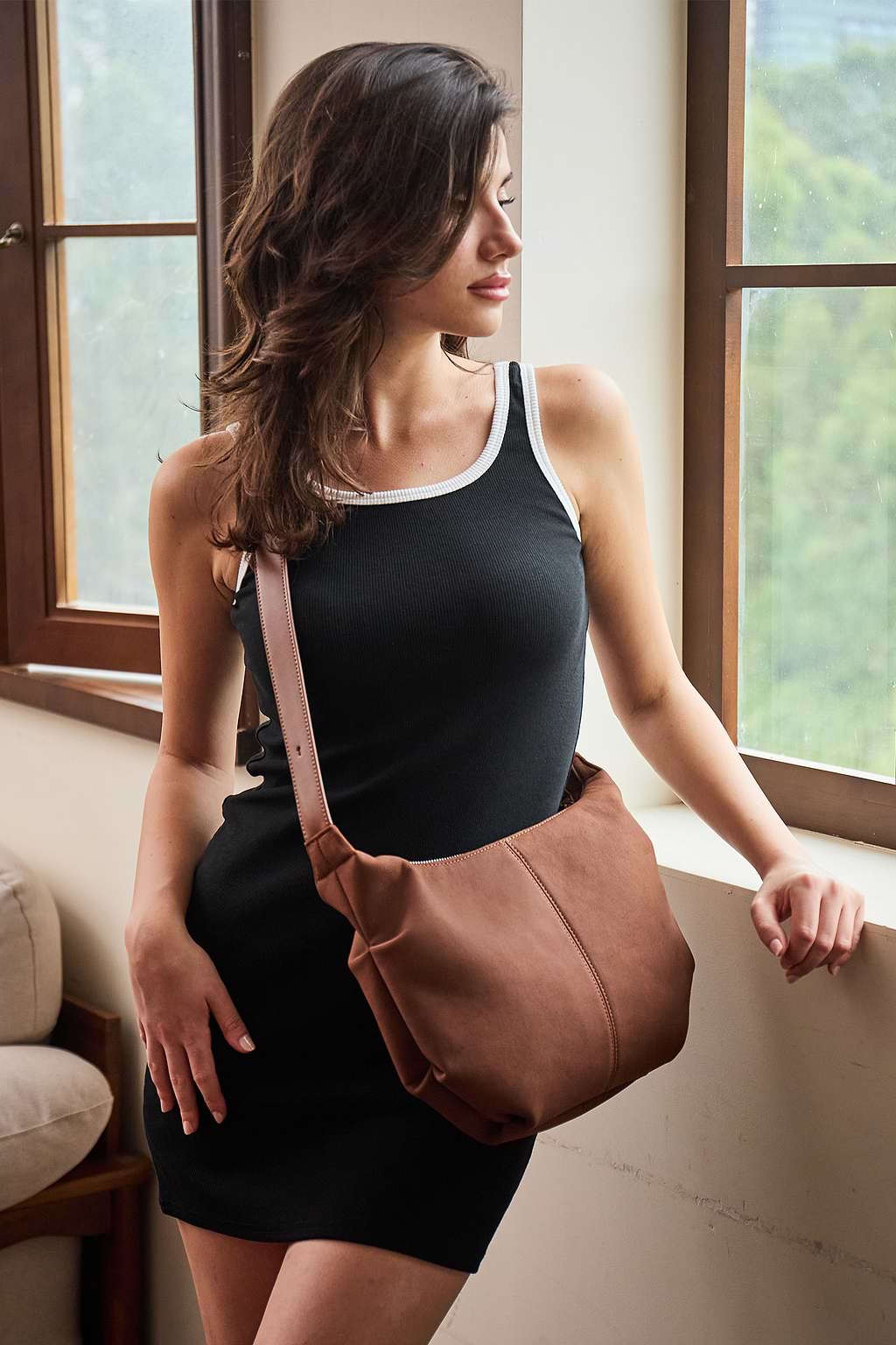Brown Faux Leather Shoulder Bag