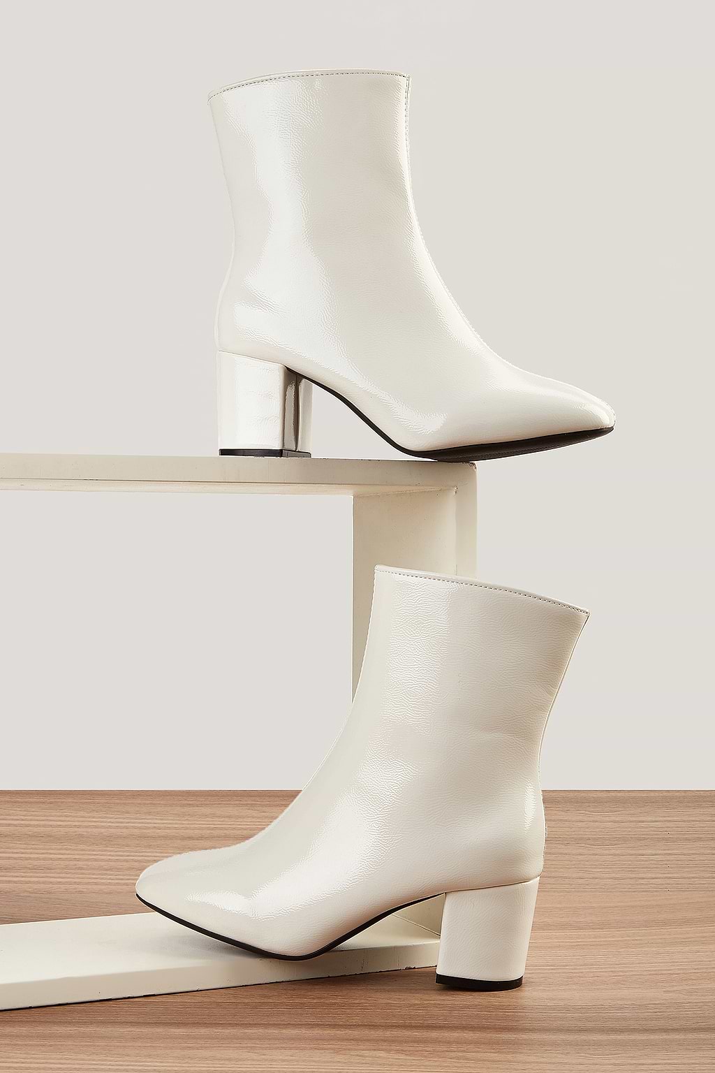 White Block Heel Ankle Boots