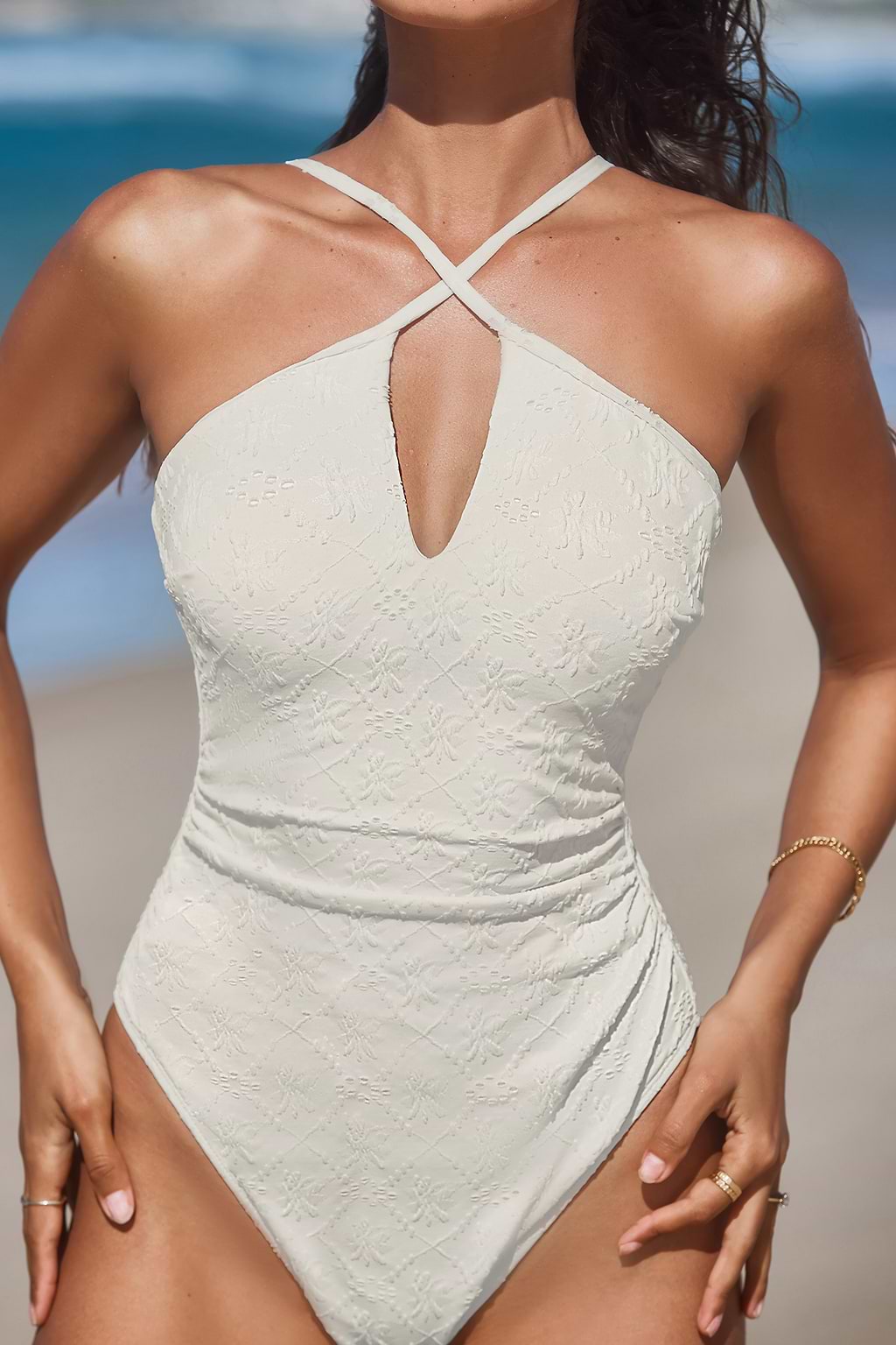 Ivory Jacquard High-Neck Tummy Control One-Piece