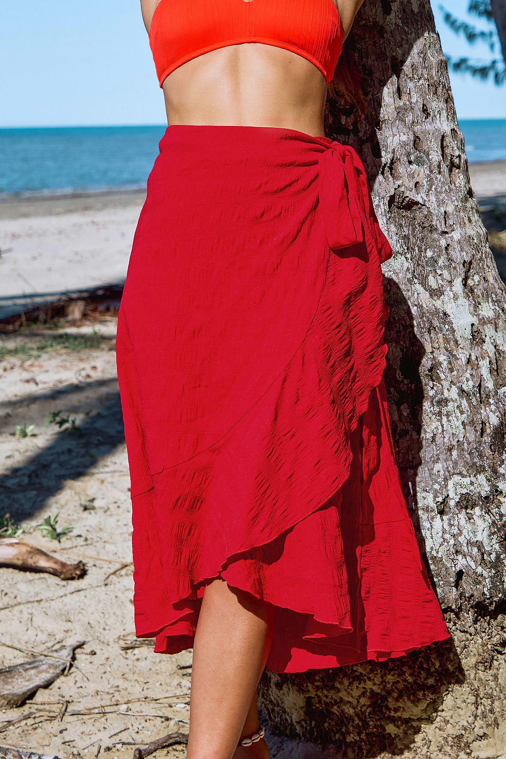 Red Asymmetrical Wrap Midi Skirt
