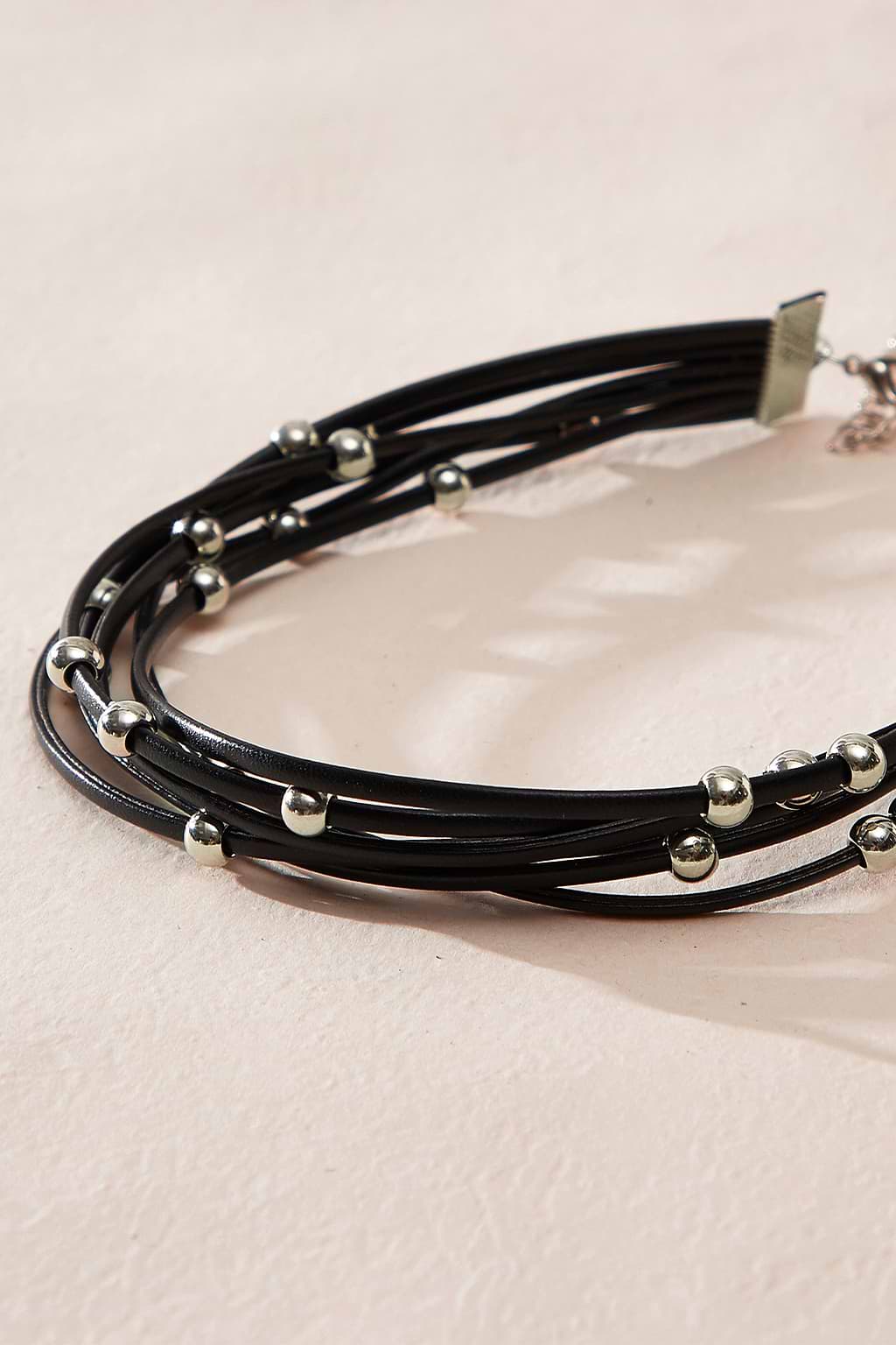 Faux Leather Silver-Tone Bead Wrap Choker