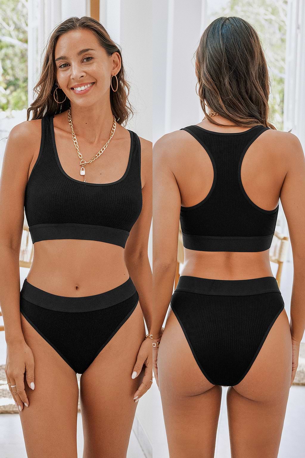 Black Ribbed Knit Sports Bra & Mid-Rise Underwear Set