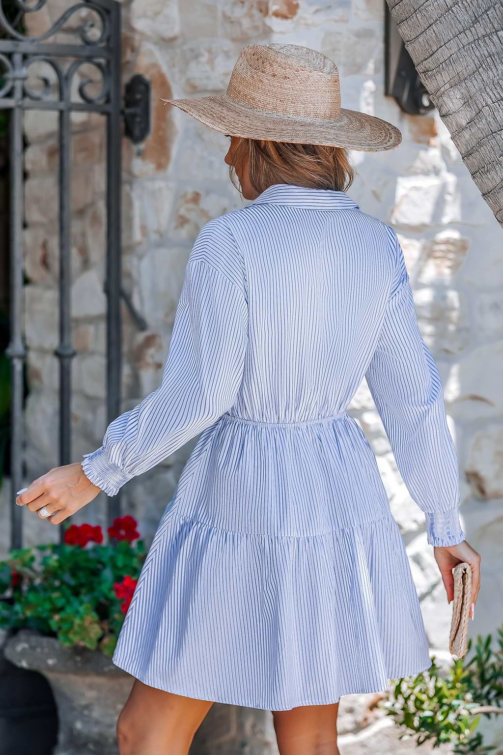 Blue Striped Collared Puff Sleeve Mini Dress