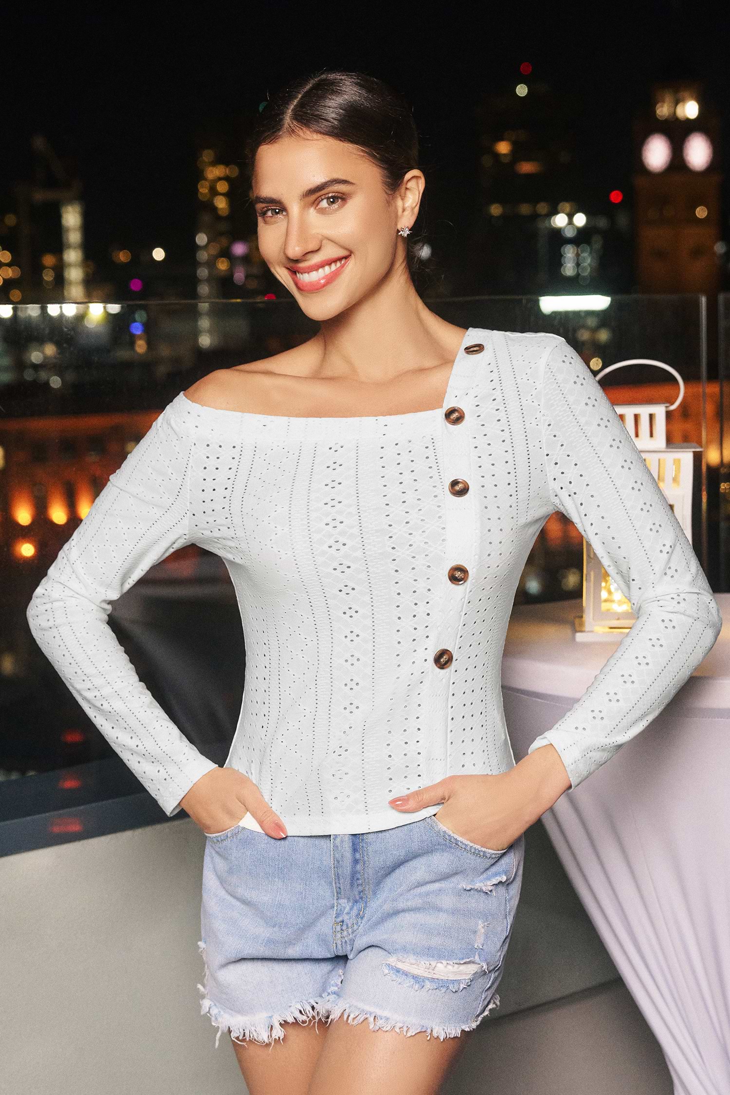 【ファッション通販】 Knit White Asymmetrical Top Off-Shoulder トップス