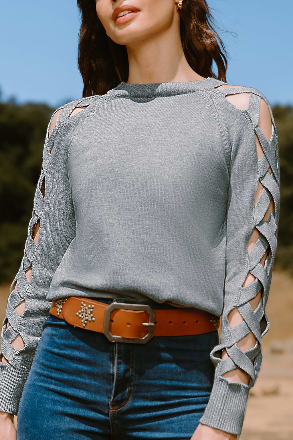Grey Knit Round Neck Long Cutout Sleeve Sweater