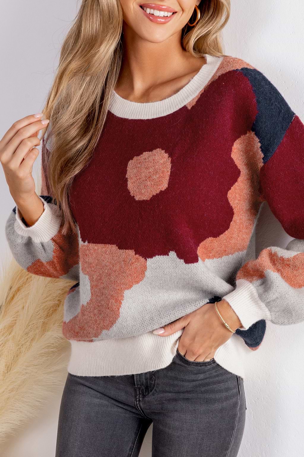 Abstracte ronde hals lange mouw gebreide trui