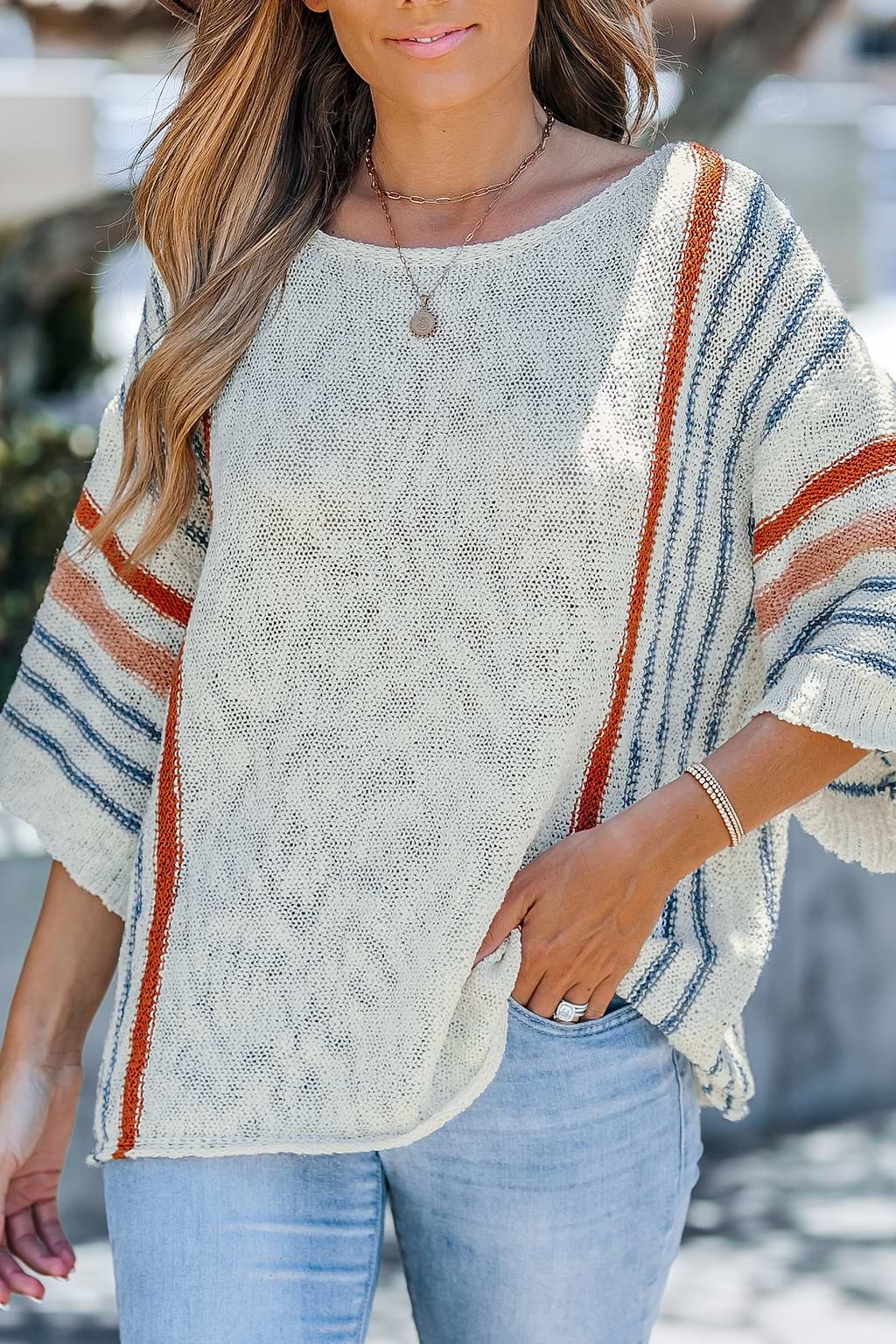 Neutral Boatneck Striped Dolman Sleeve Top