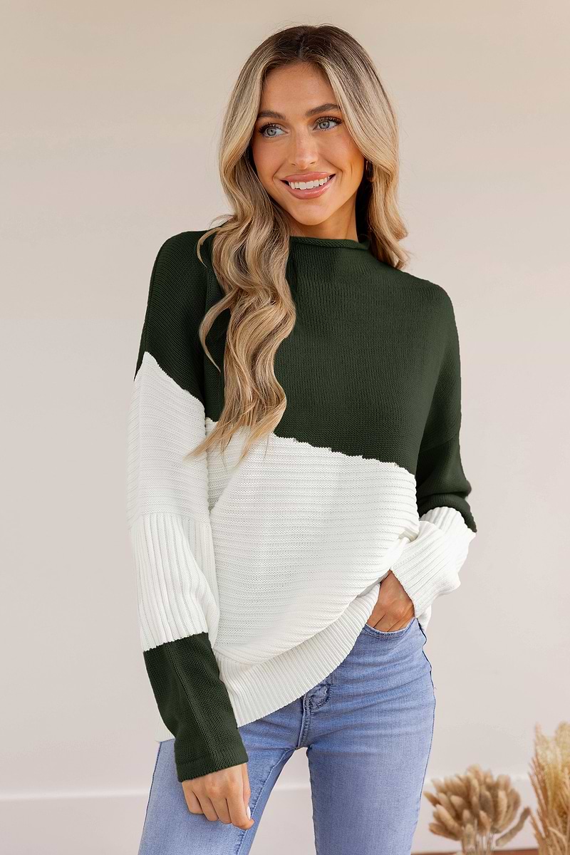 Asymmetrical Colorblock Standing Collar Sweater