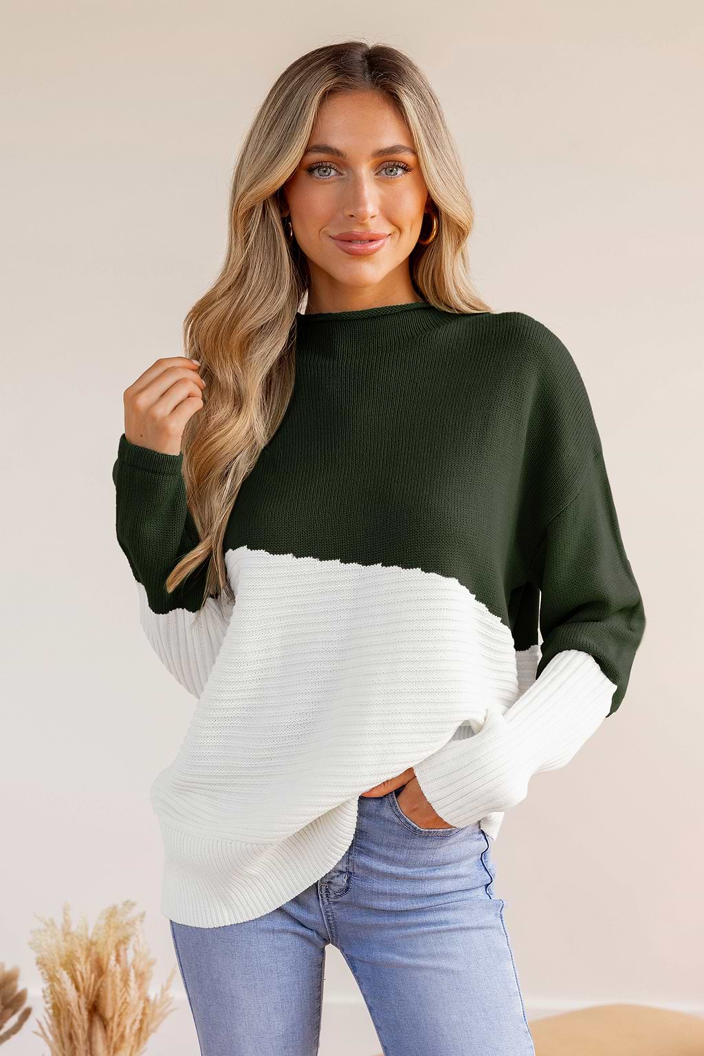 Asymmetrical Colorblock Standing Collar Sweater