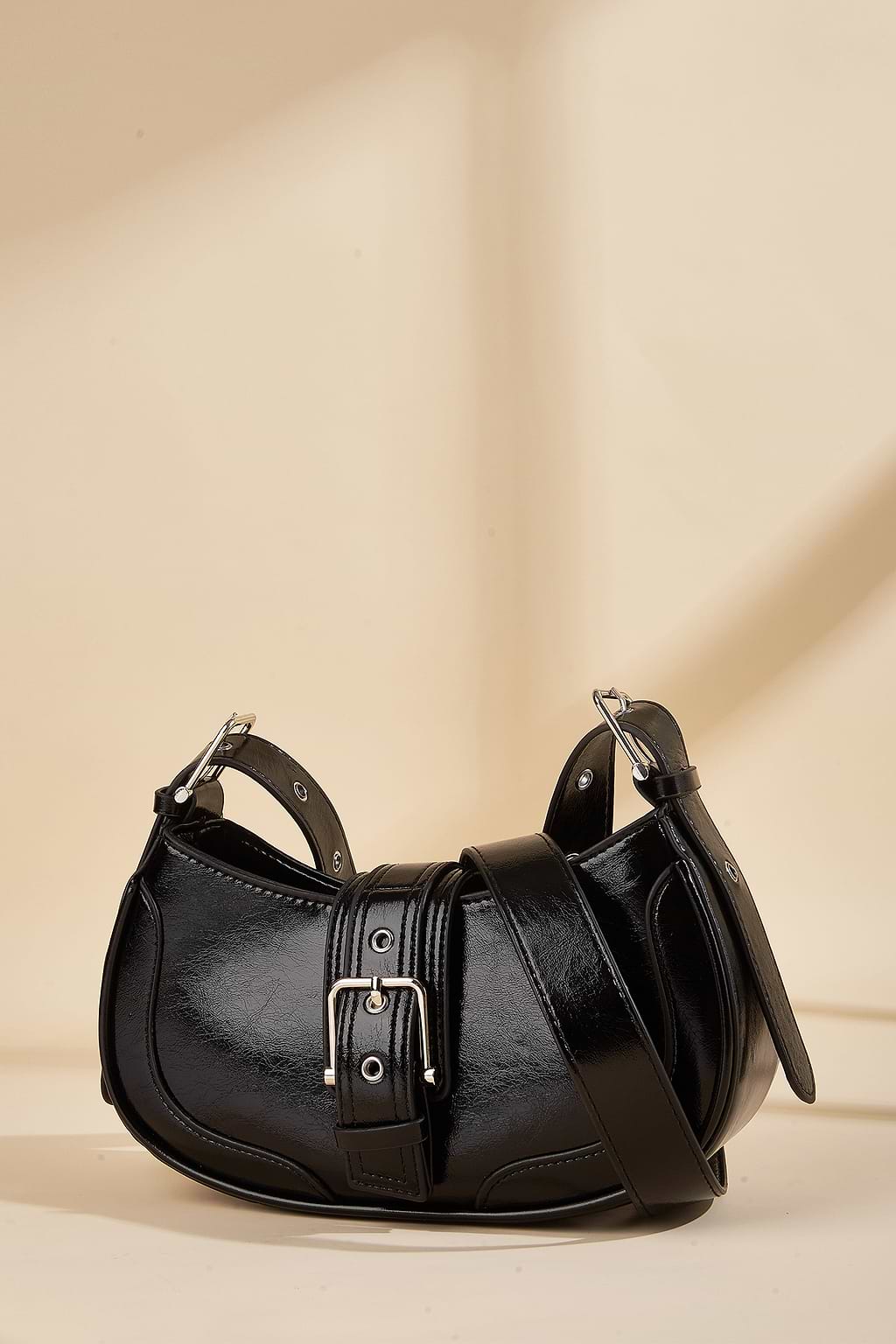 Black Faux Leather Buckle Bag