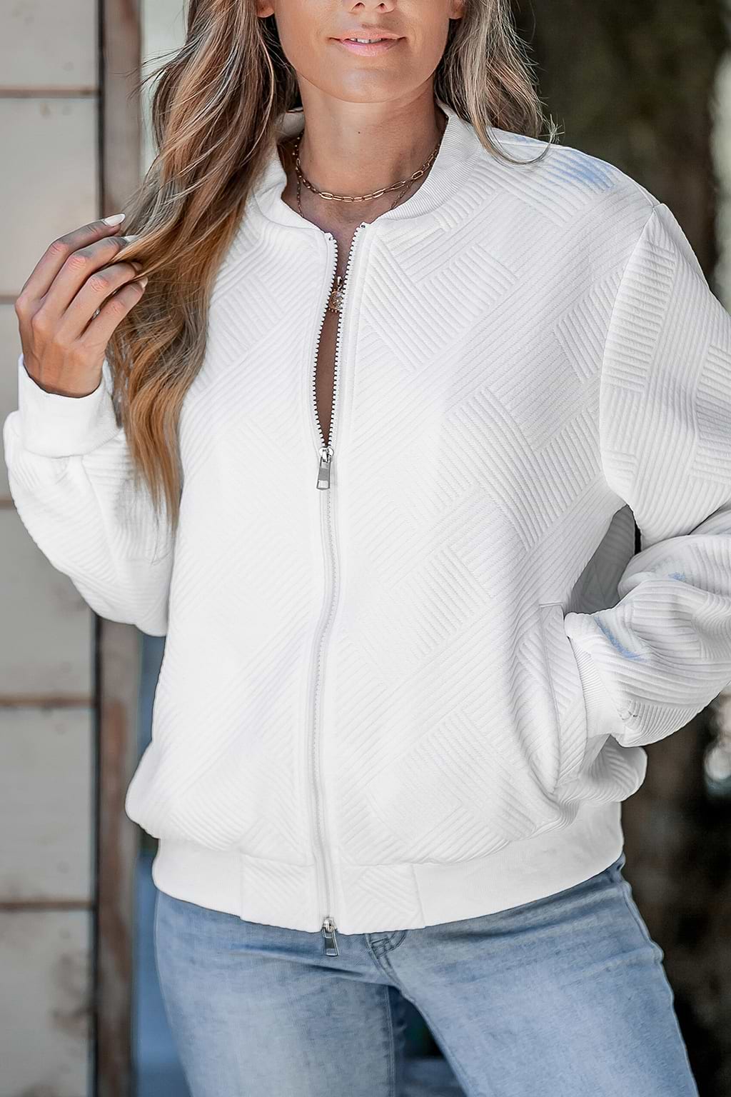White Ribbed Knit Standing Collar Bomber Jacket