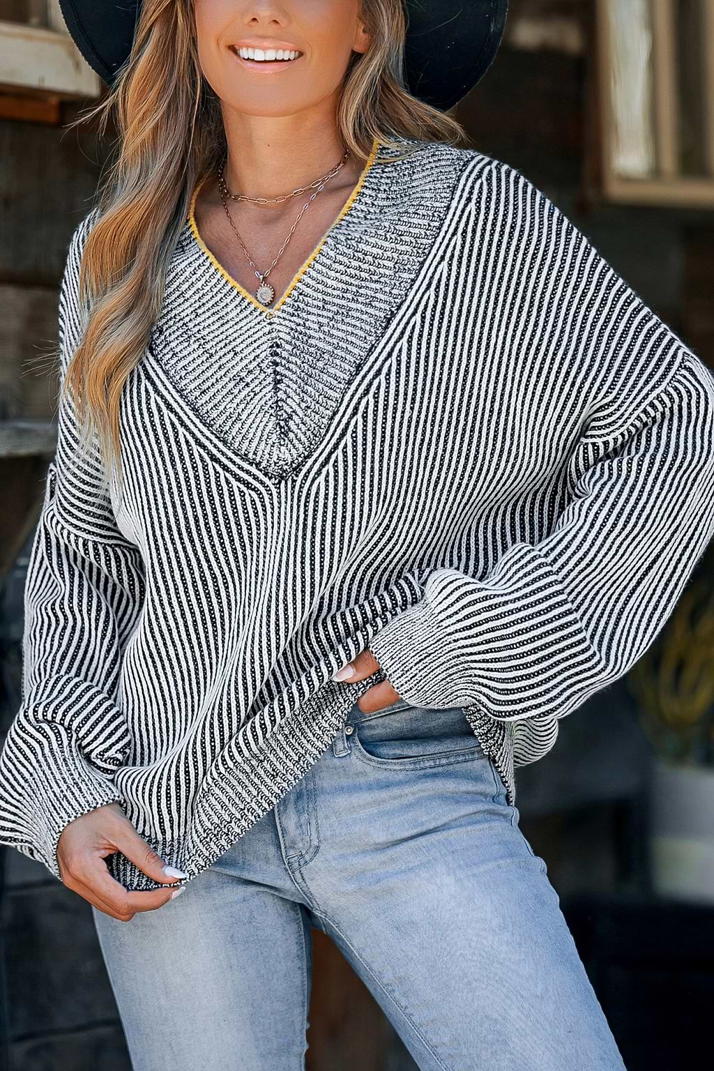 Black & White Stripe V-Neck Long Sleeve Sweater