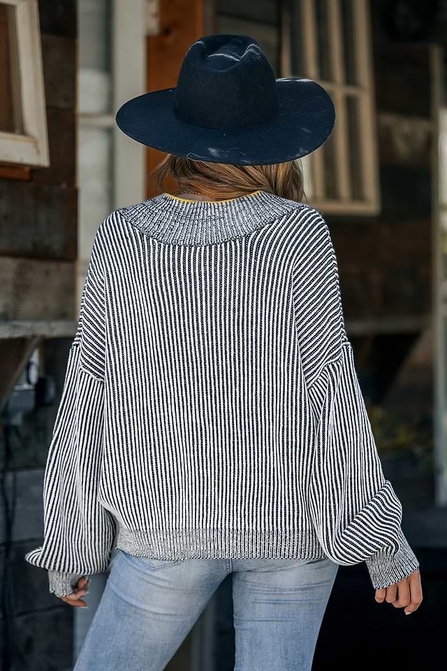 Pull Femme Express Col V Noir Et Gris Rayures - Taille S - Manches Longues - Neuf Sans étiquettes