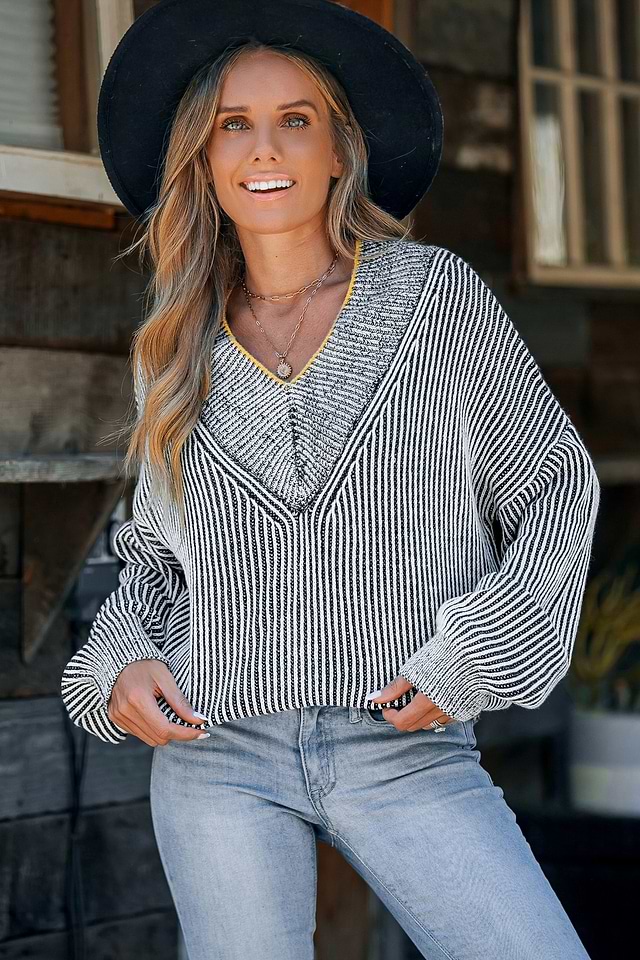 Pull Express Femme Col V Rayures Noir Gris - Taille S - Manches Longues En Coton