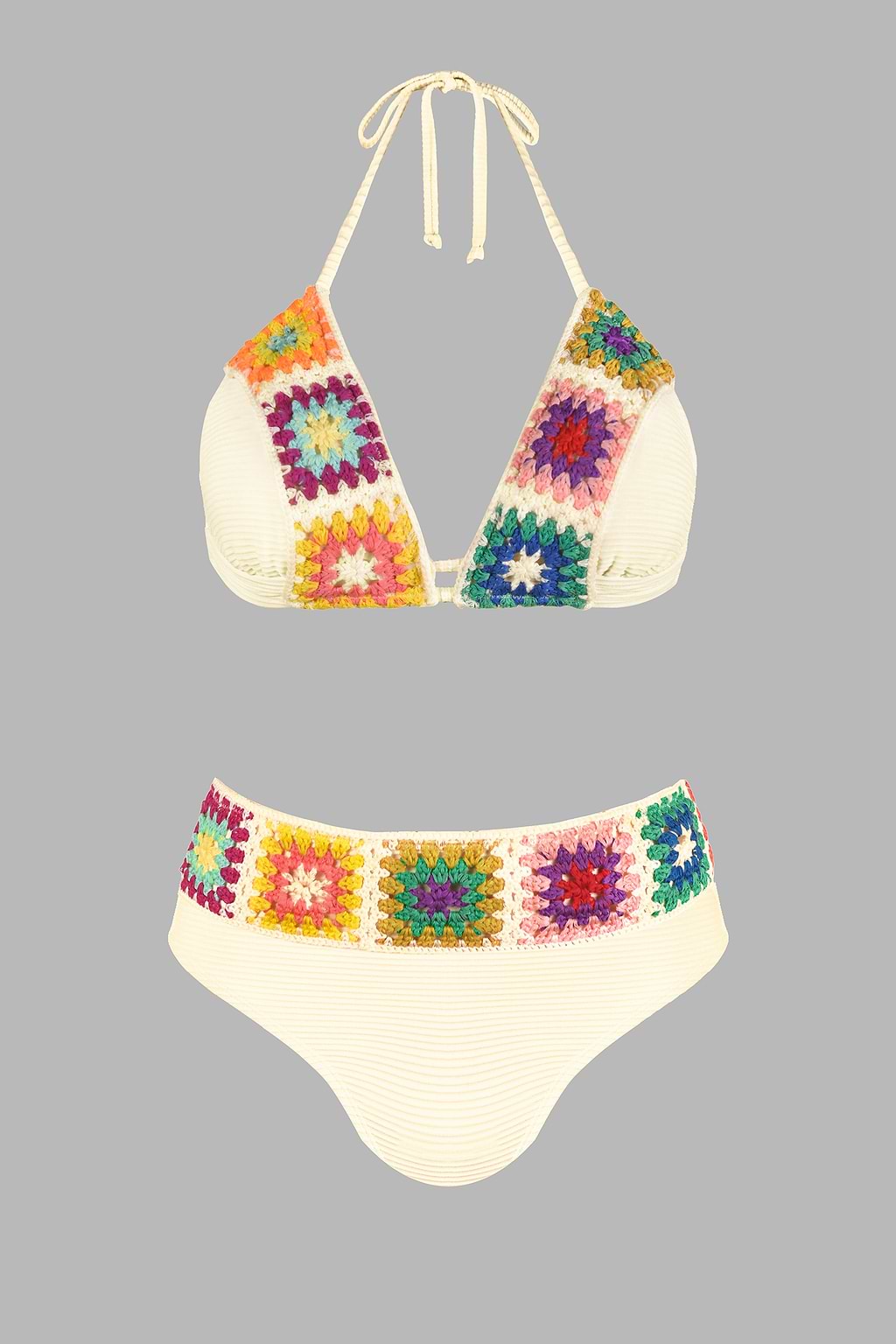 Floral Crochet Halterneck Bikini Top & Standard Bottoms Set
