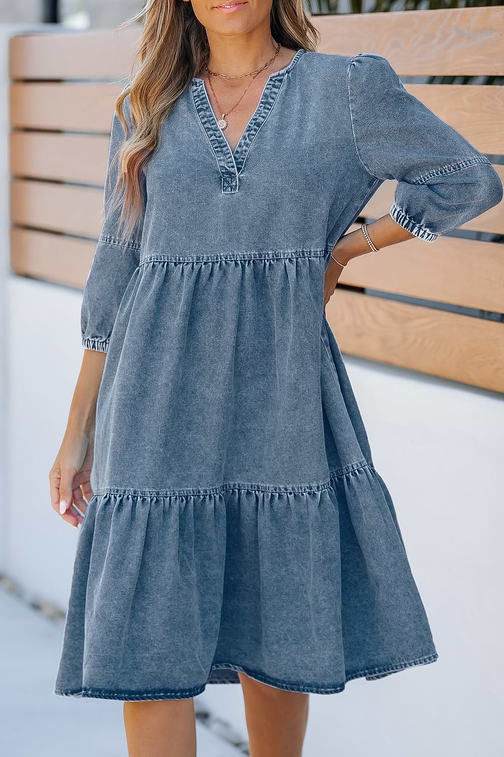 Light Denim 3/4 Sleeve Mini Dress