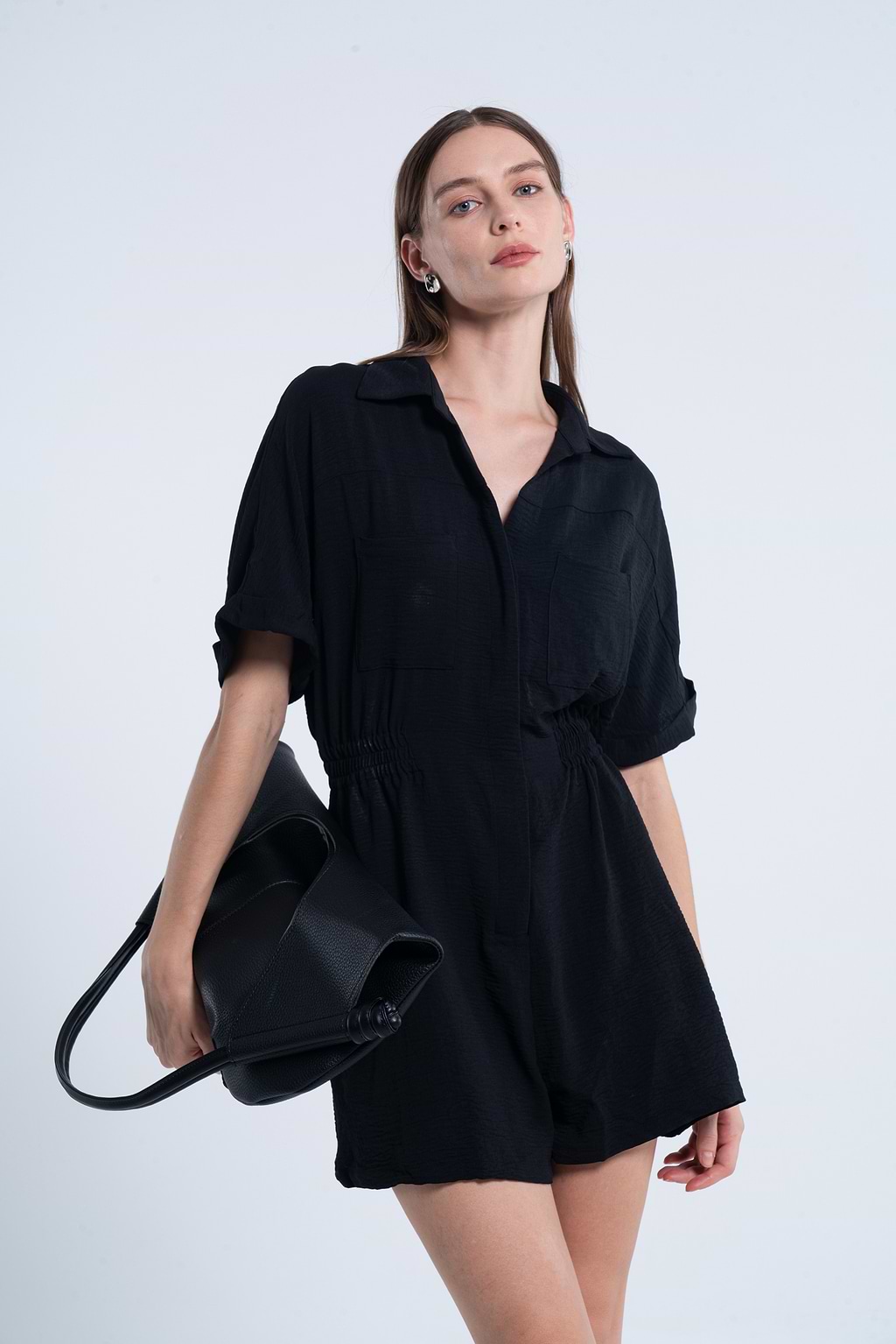 Black Collared Short Sleeve Wide Leg Romper