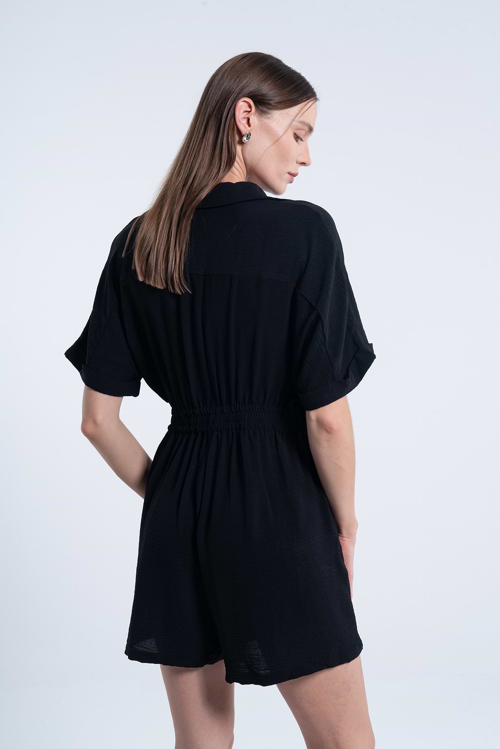 Black Collared Short Sleeve Wide Leg Romper