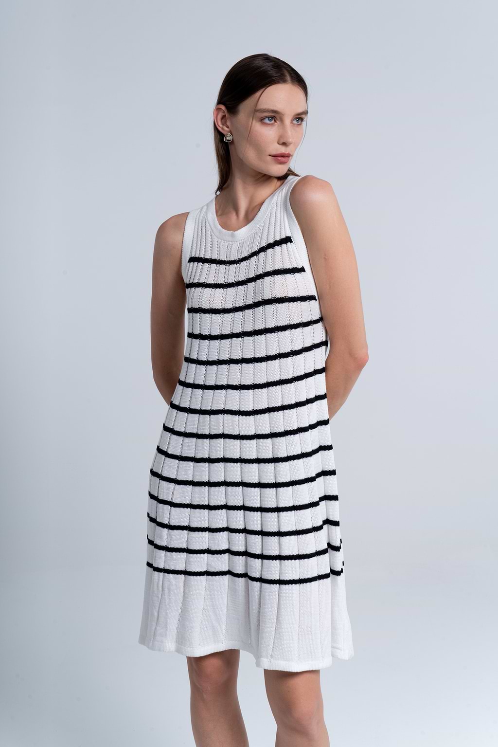 Striped White Knit Sleeveless Mini Dress