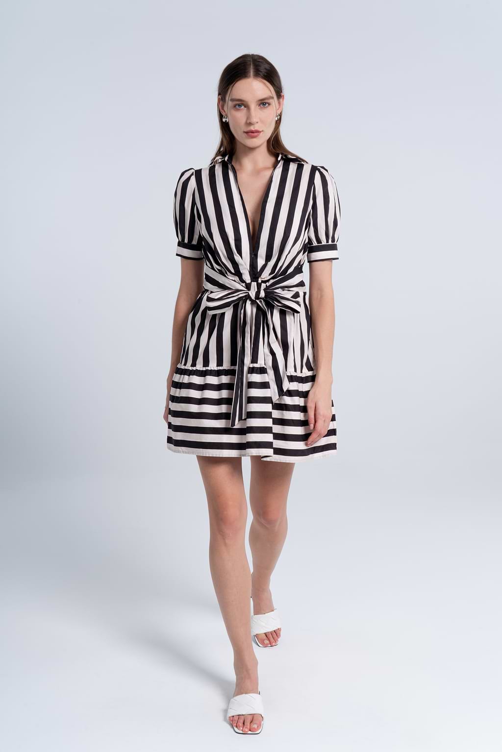 Striped Plunging Collared Puff Sleeve Mini Dress