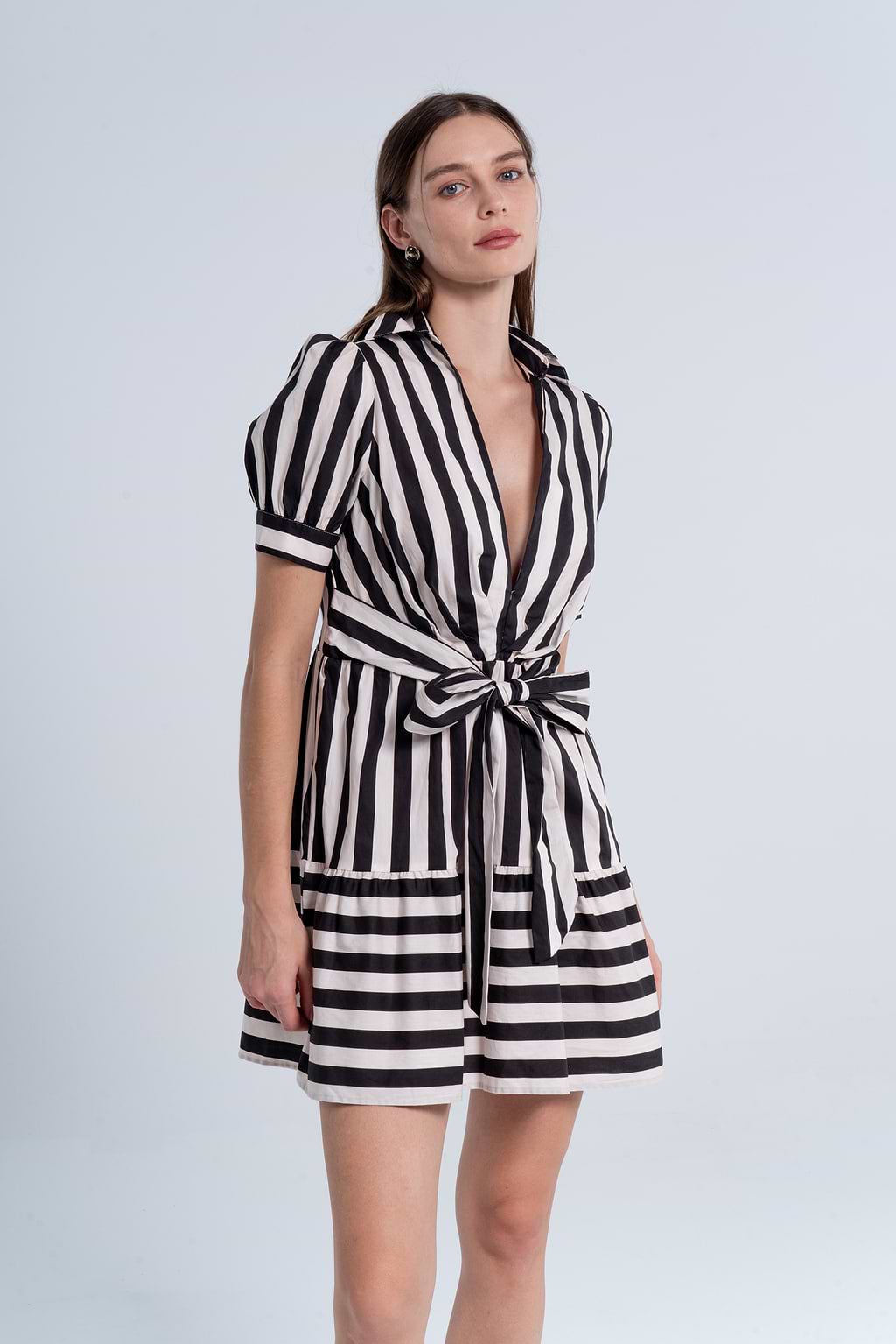 Striped Plunging Collared Puff Sleeve Mini Dress