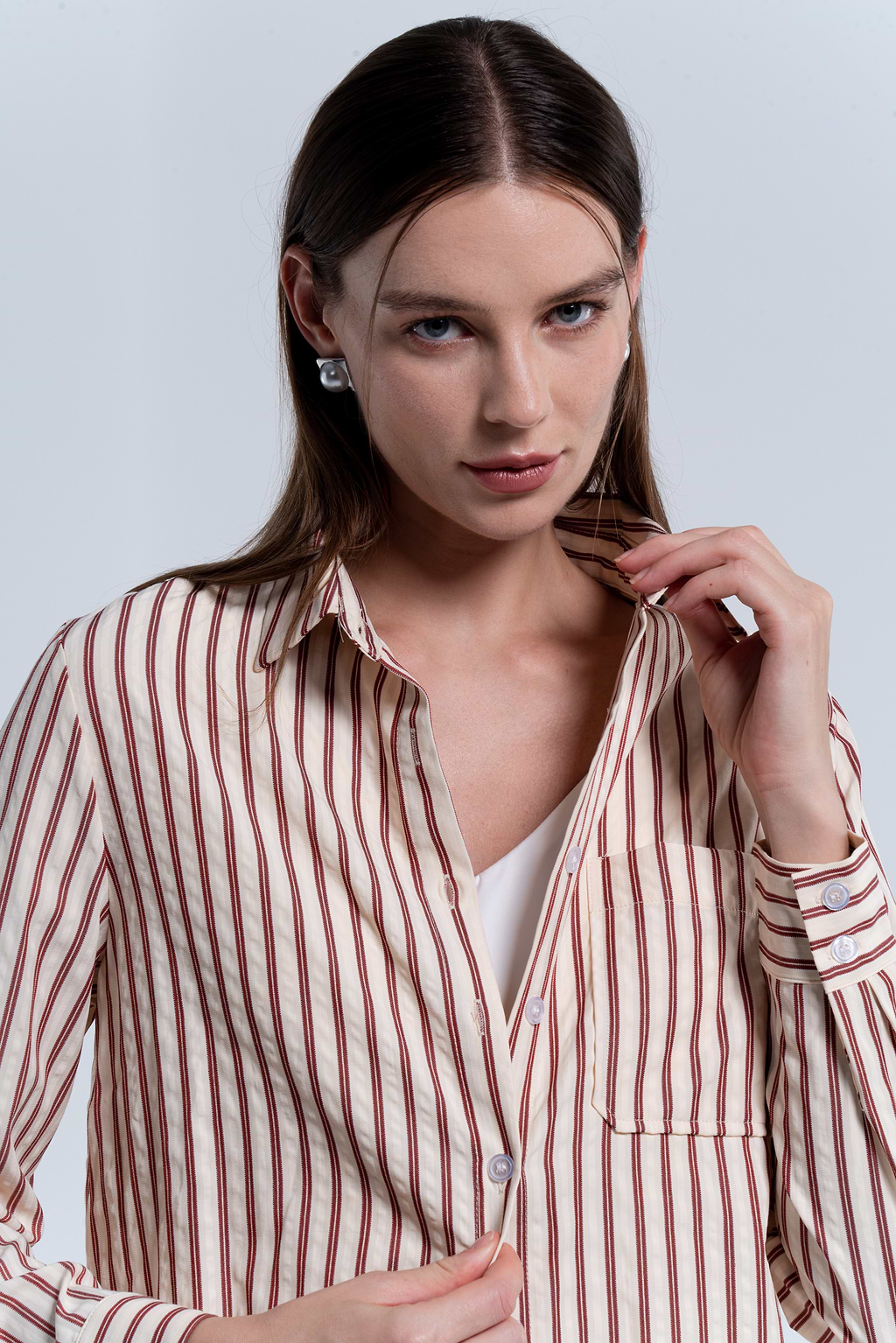 Striped Collared Front Button Long Sleeve Top