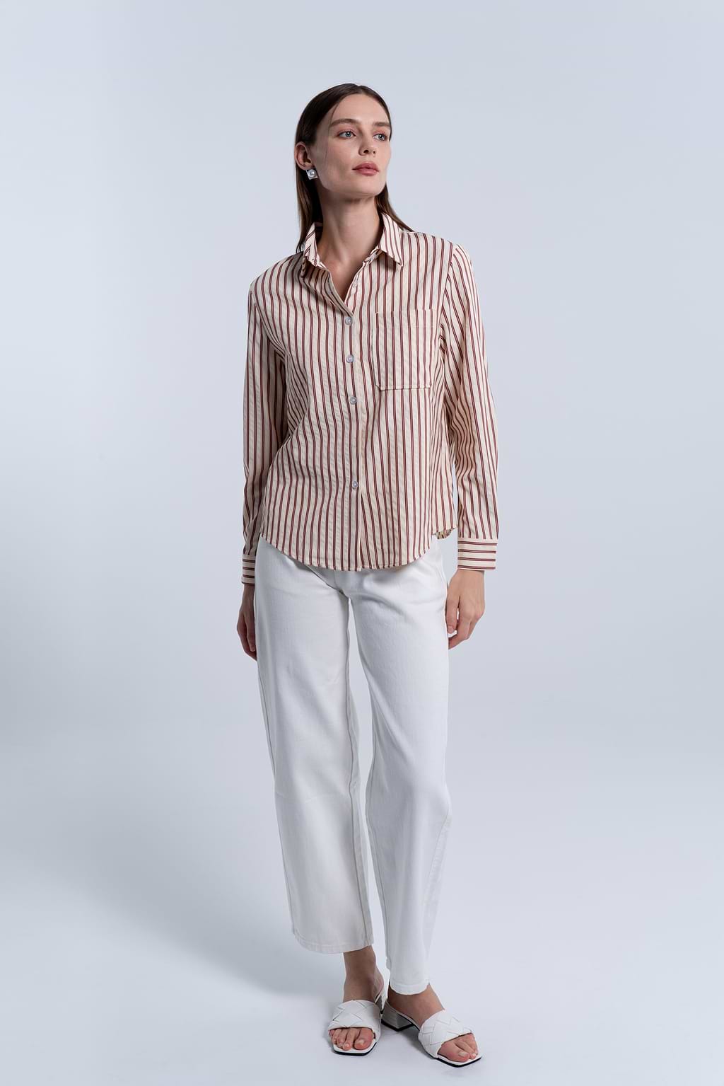 Striped Collared Front Button Long Sleeve Top