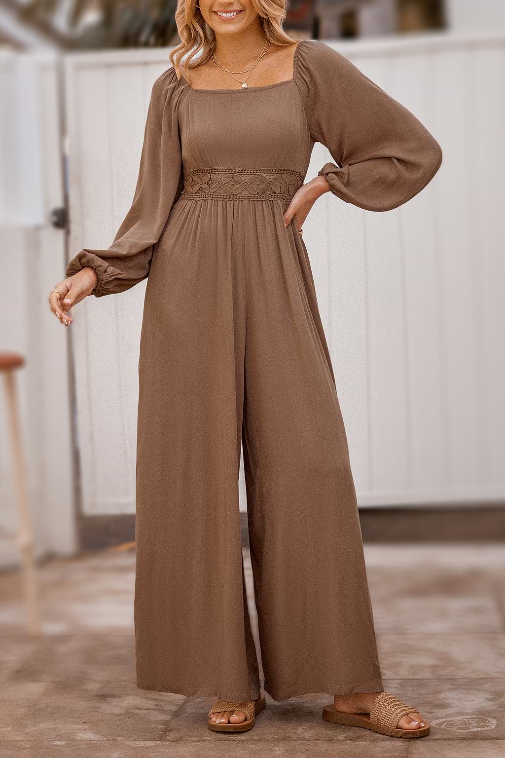 Brown Square Neck Blouson Sleeve Wide Leg Jumpsuit