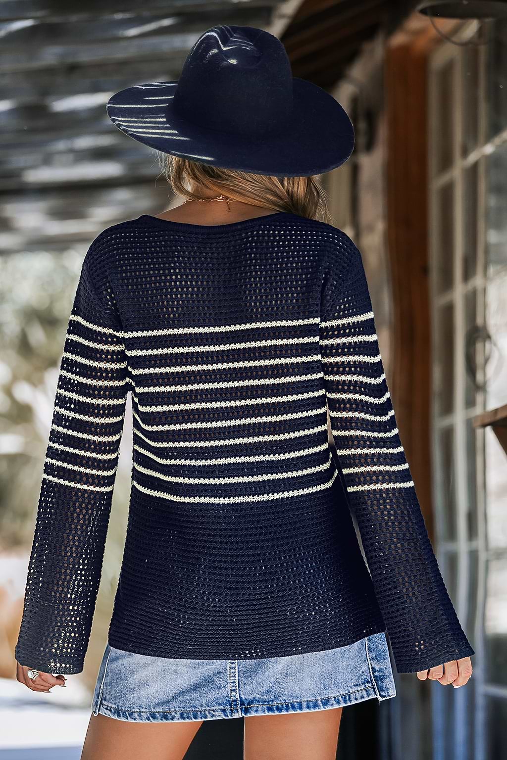 Navy Striped Round Neck Long Sleeve Open Knit Sweater