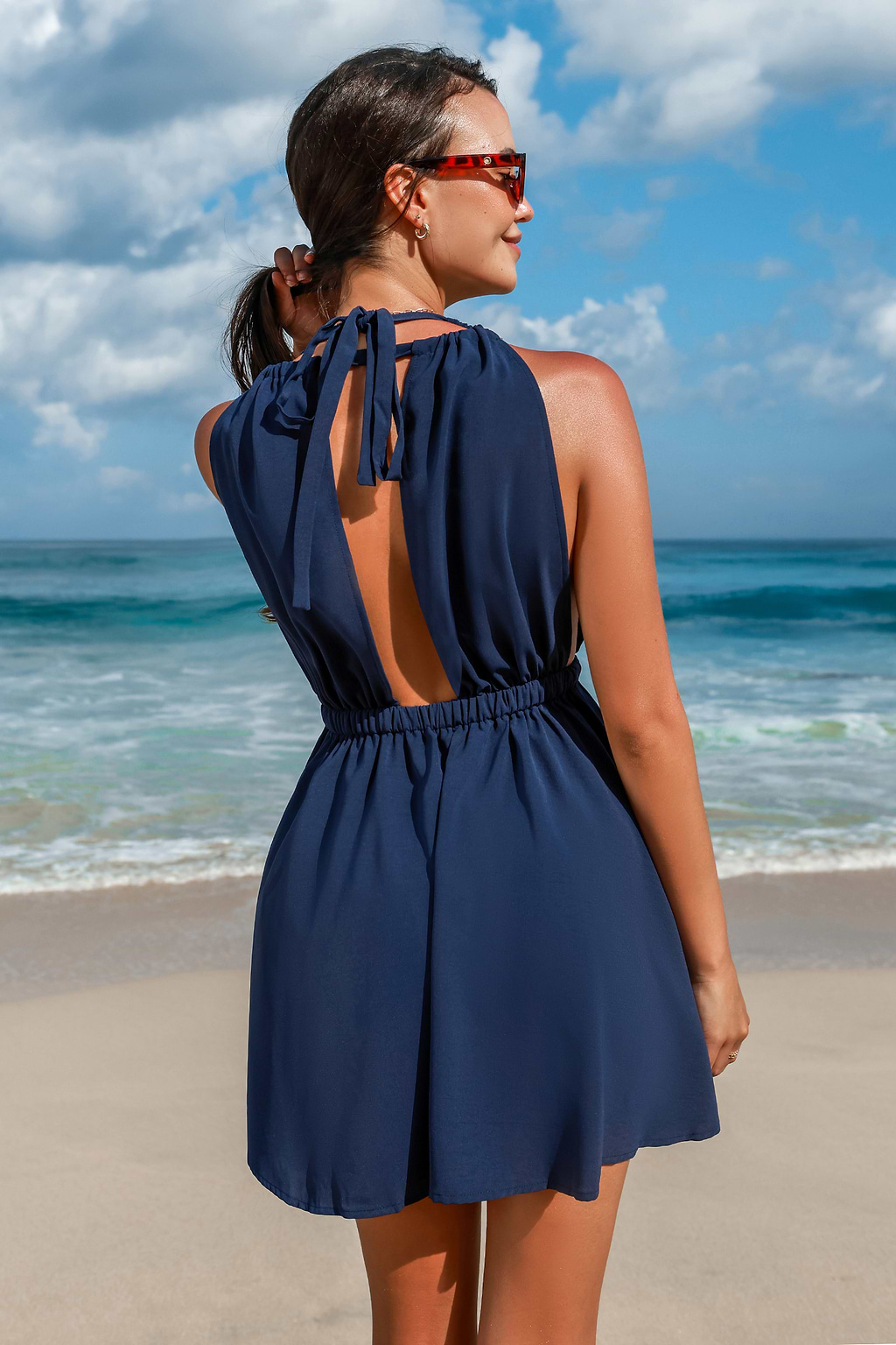 Navy Plunging Tie Waist Mini Dress