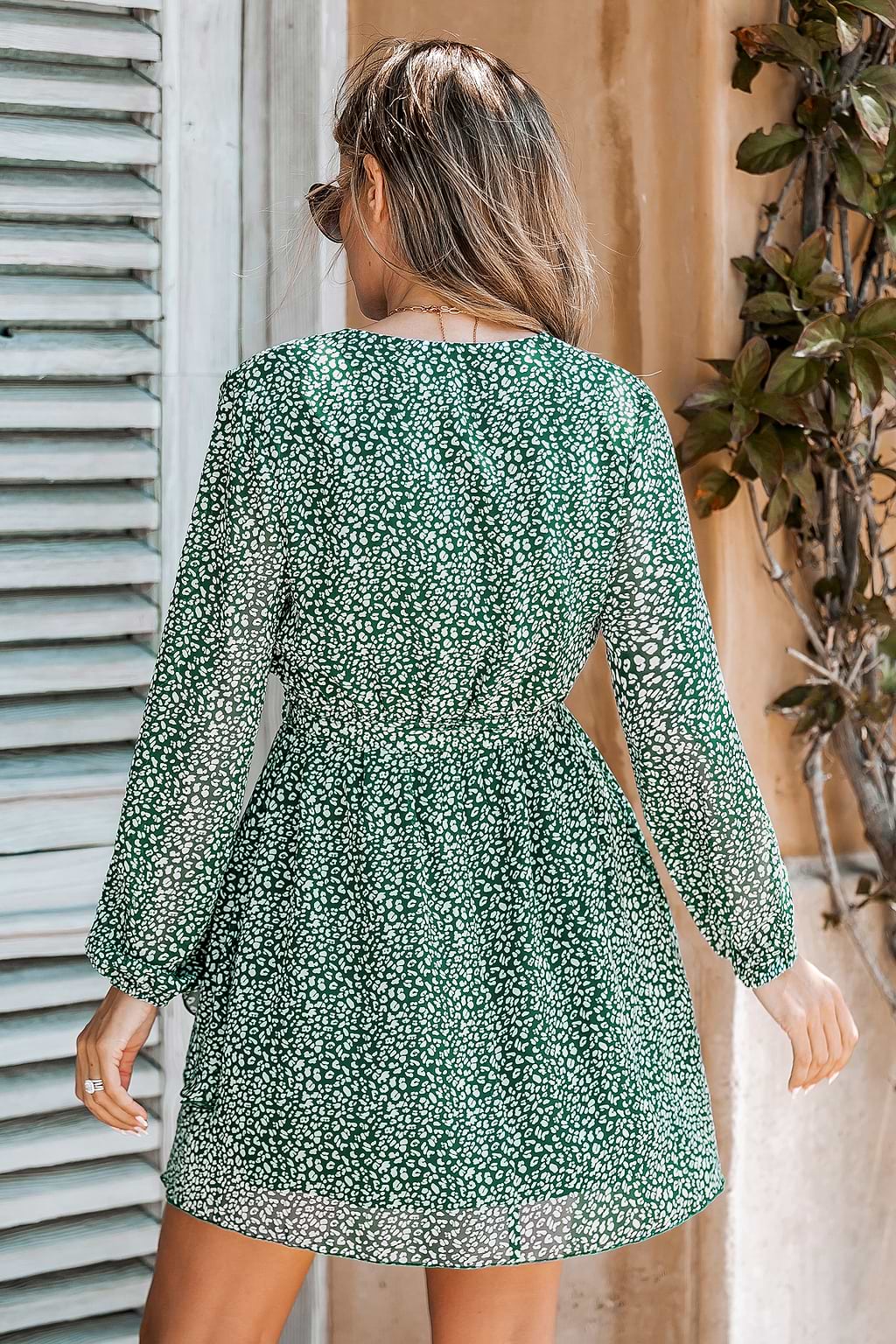 Green Leopard V-Neck Belted Dress