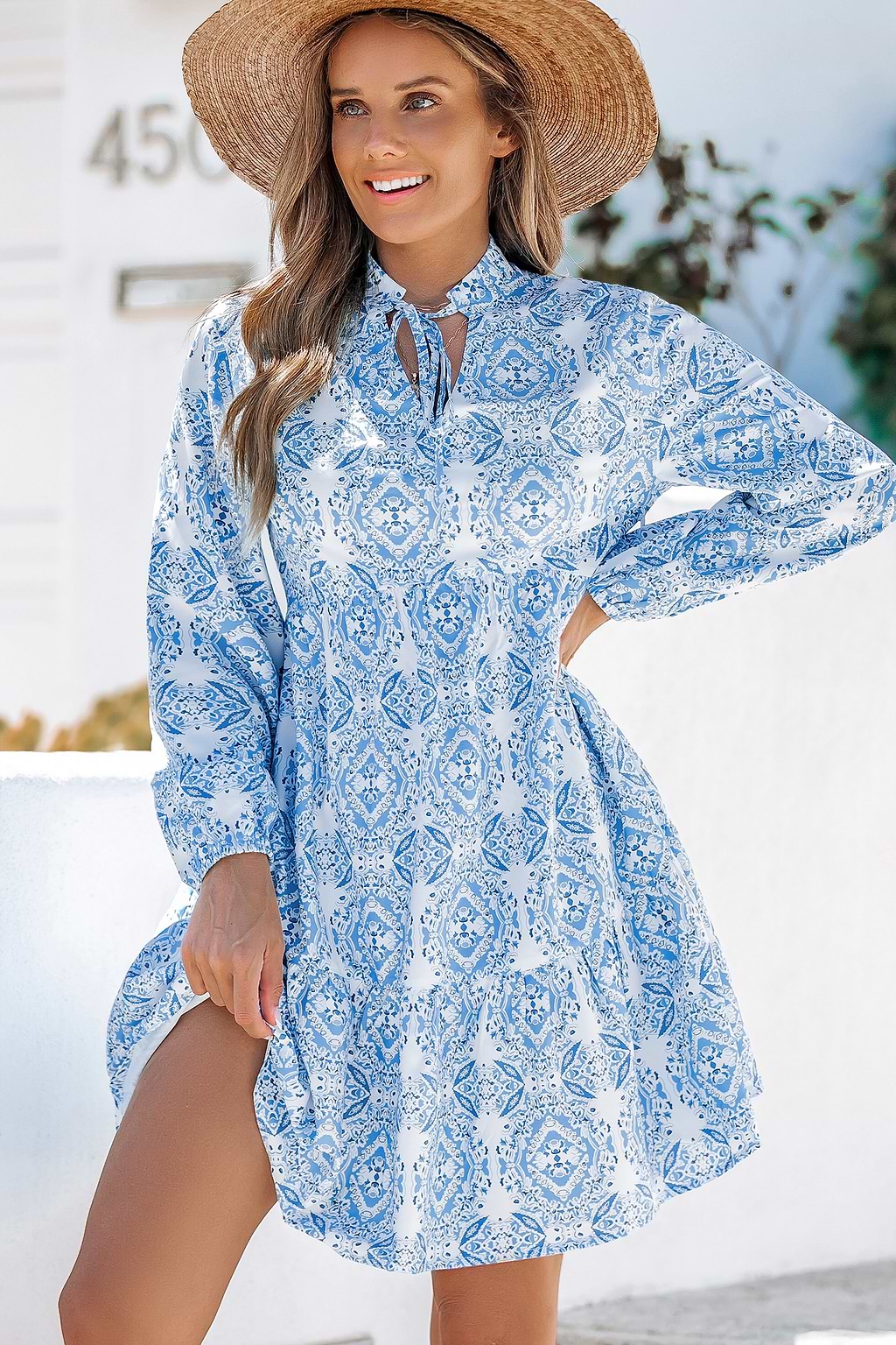 Blue V-Neck Puff Sleeve Midi Dress