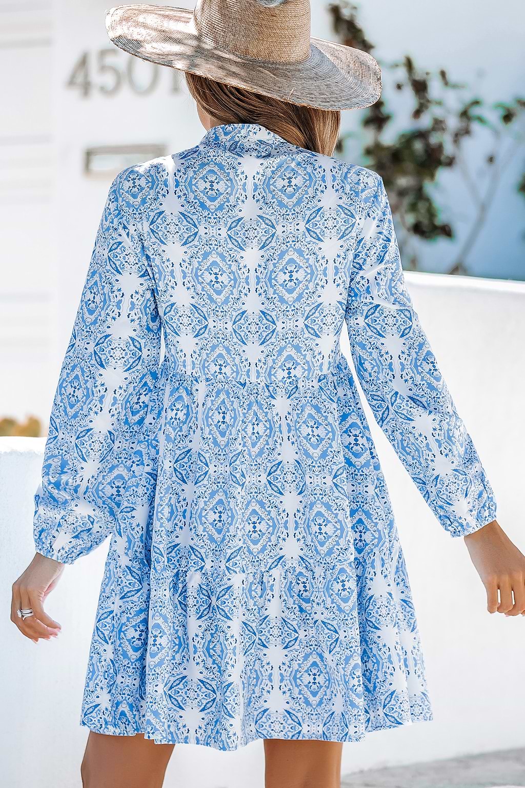 Blue V-Neck Puff Sleeve Midi Dress