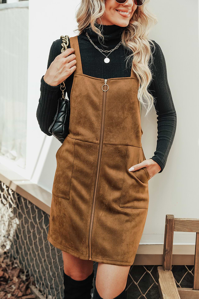 Orange Faux Suede Pull-Ring Pinafore Dress | Chic & Trendy | Cupshe
