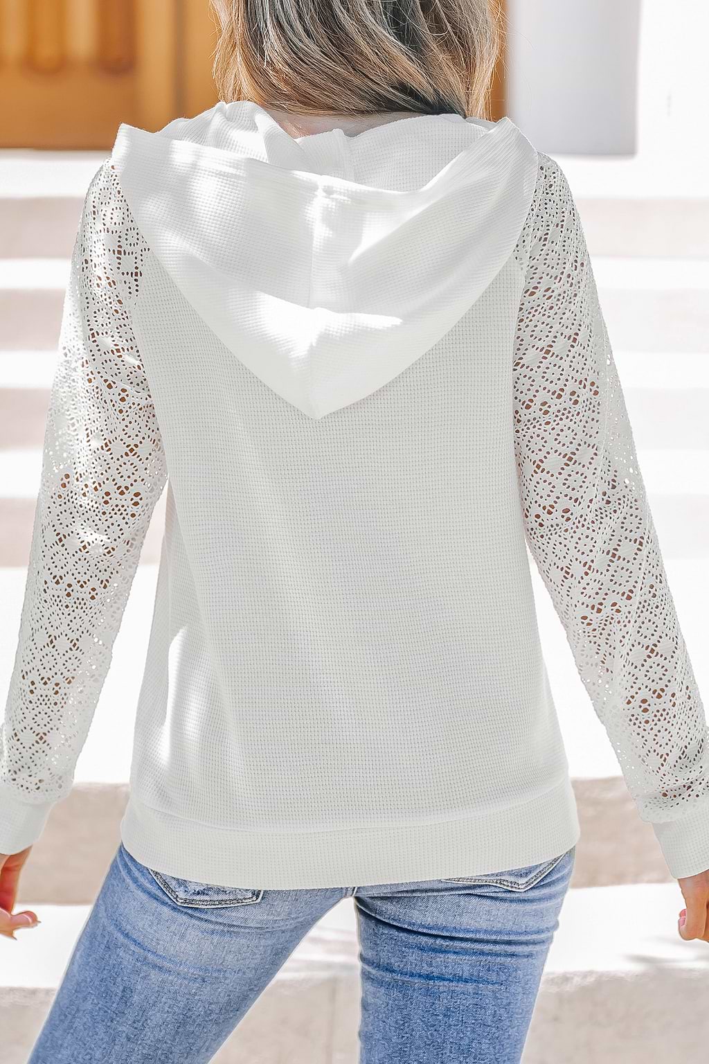White Eyelet Sleeve Jersey Hoodie