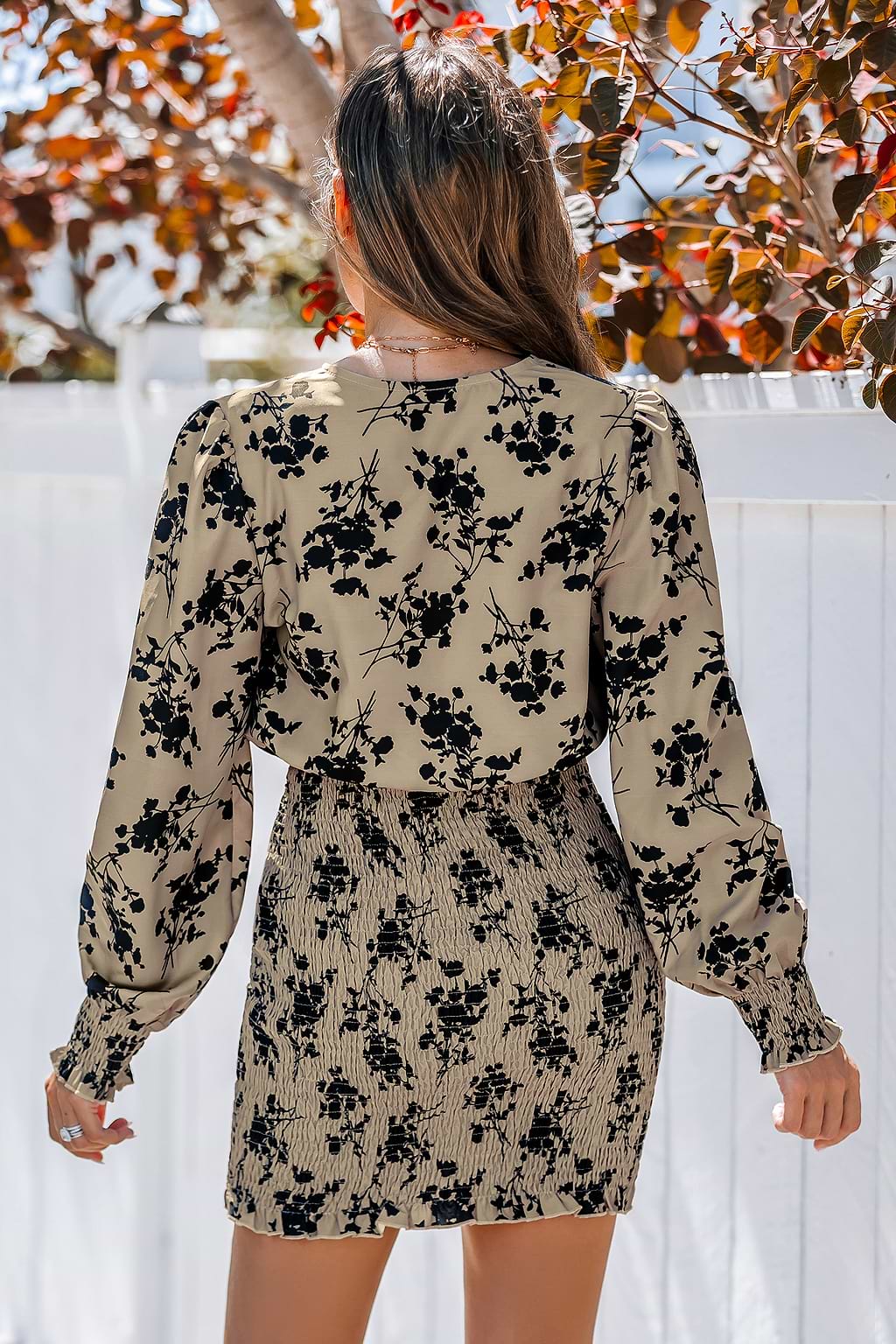 Brown Floral Wrap Smocked Mini Dress