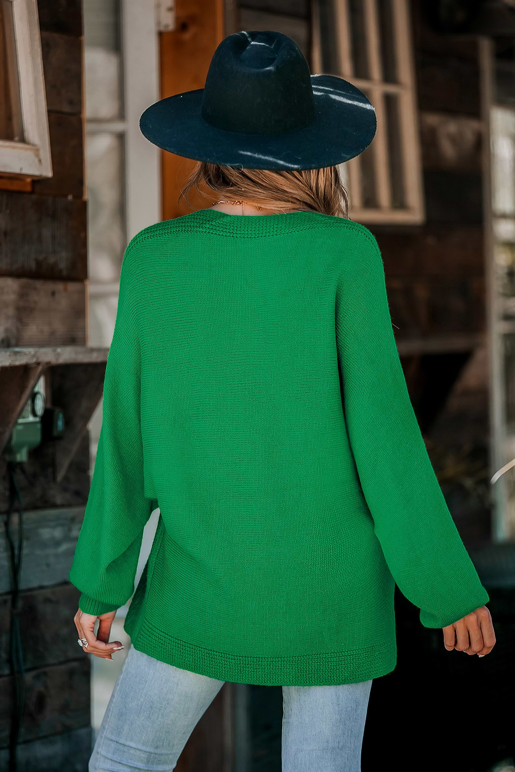 Green Chunky Knit V-Neck Sweater