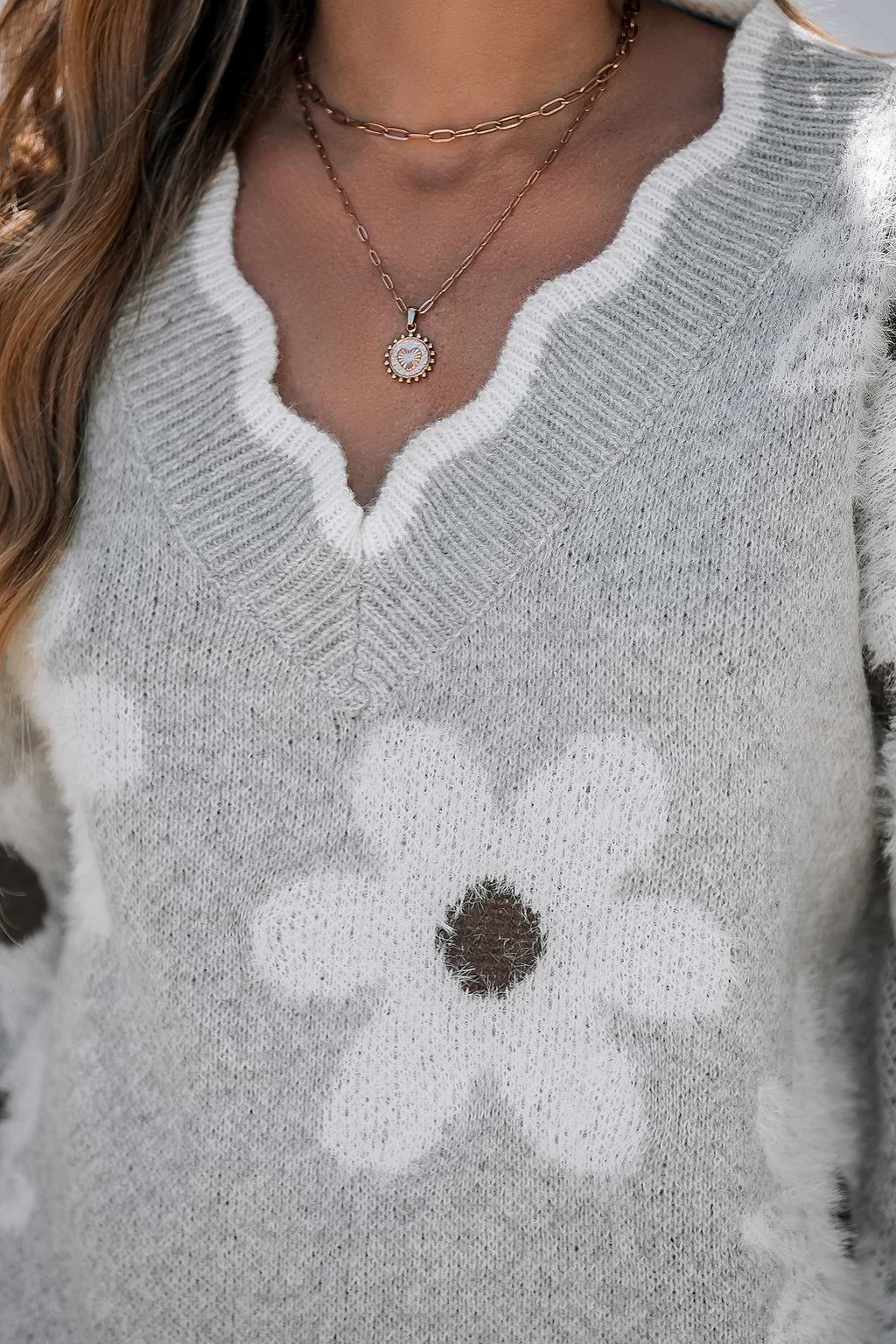 Grey Knit Daisy Scalloped Jumper