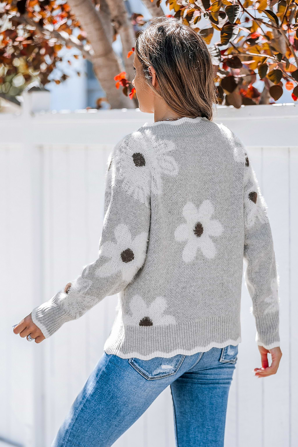 Grey Knit Daisy Scalloped Sweater
