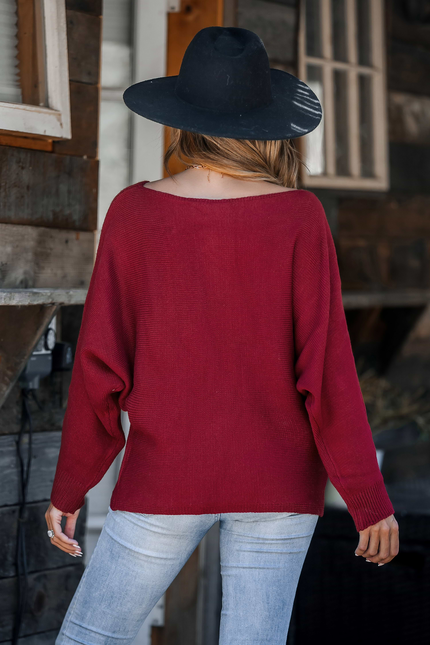Burgundy Off-Shoulder Long Sleeve Sweater