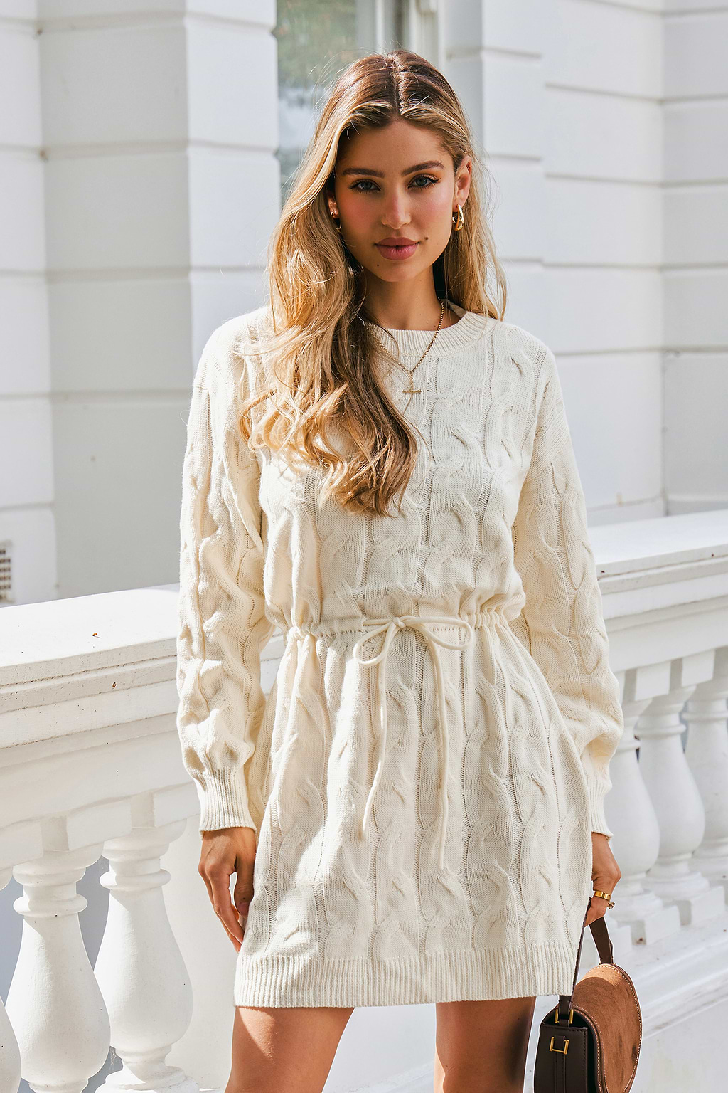 Beige Long Sleeve Ribbed Sweater Dress