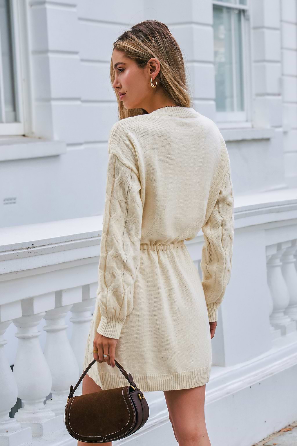 Beige Long Sleeve Ribbed Sweater Dress